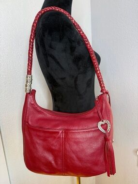 Brighton Red Leather Hobo Shoulder Bag Heart Charms Tassel Braided Strap Purse